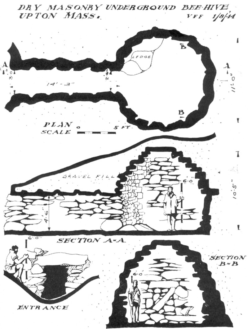 1944 architectural drawing of the Upton MA stone chamber by V. F. Fagan